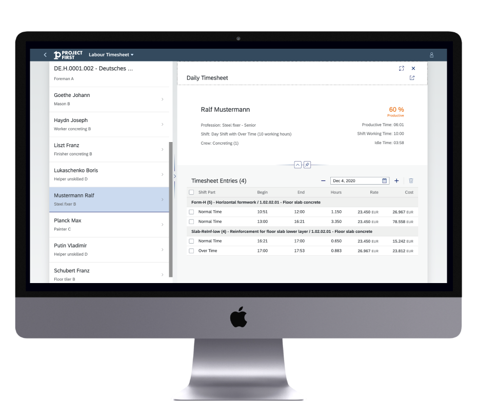 Generated timesheet with breakdown to tasks and cost calculated based on time types